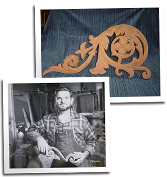 Eric Hollenbeck poses with a piece of custom Victorian scrollwork