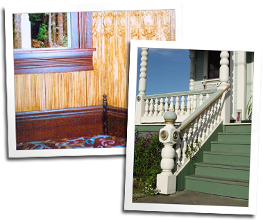Moldings can be found along floors, they also make hand rails for this decorative balustrade