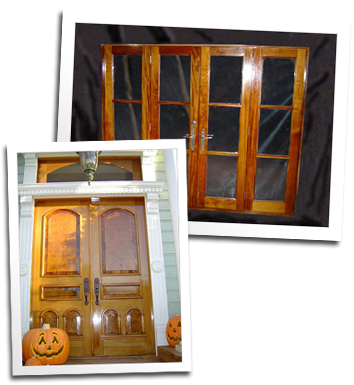 Redwood entry doors with burl panels and African mahogany French doors